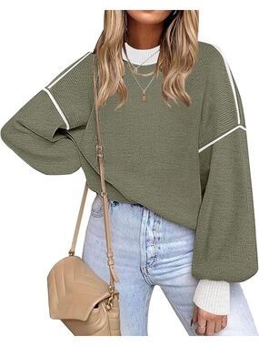 🆕 Womens Green Solid Block Knit Sweater Crewneck Long Sleeve Slouchy Jumper